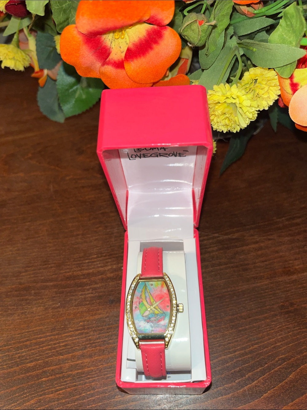 Lovegrove Pink Leather Strap Watch with Gold-Tone Crystal with Case NWOT